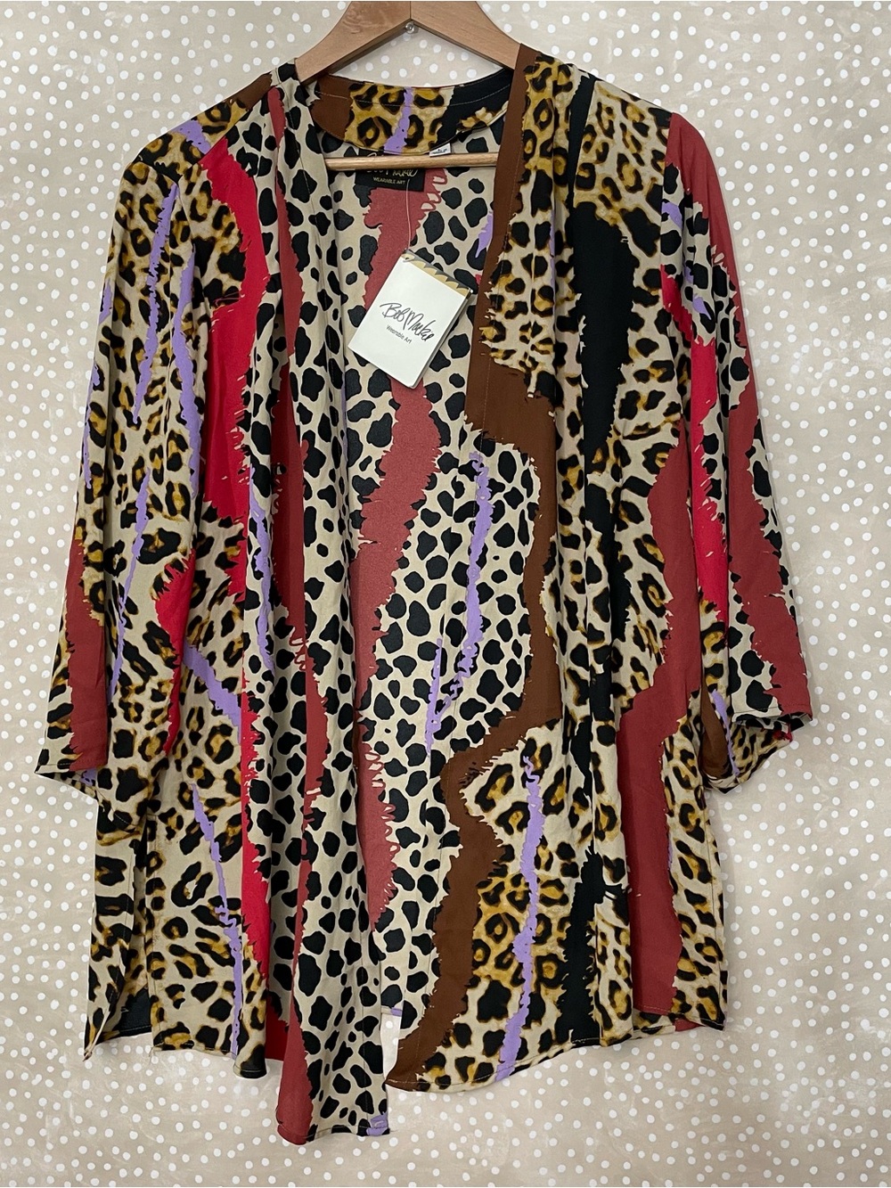Bob Mackie wearable art open kimono coverup top size L womens leopard cheetah